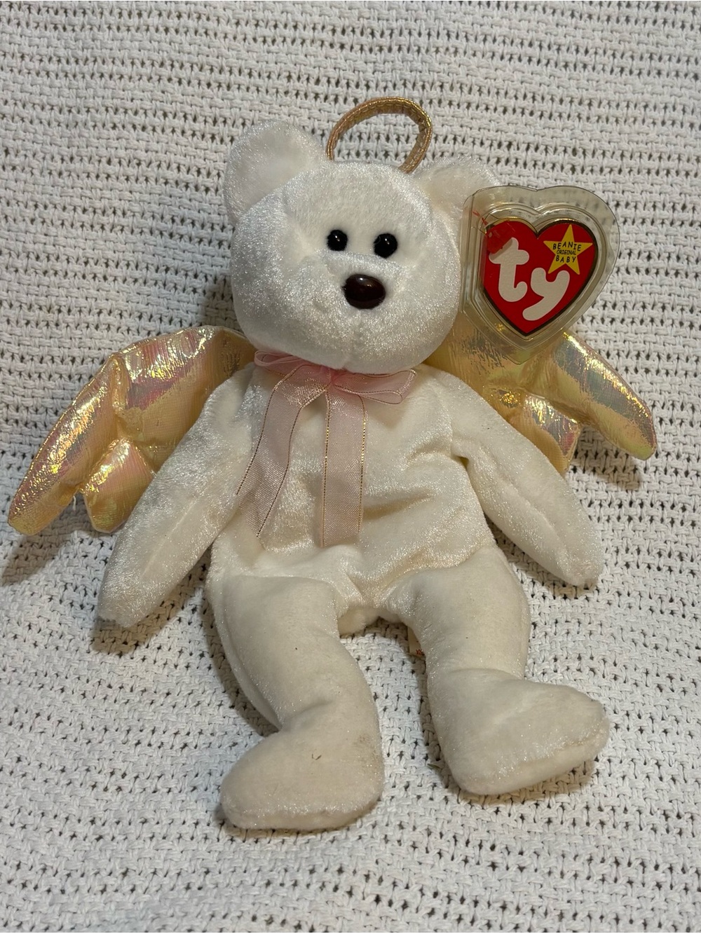 Ty Angel Bear Plush - White with Gold Wings and Pink Ribbon